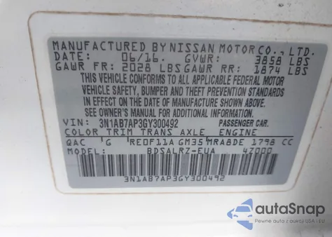 2016 Nissan Sentra Sr from USA, damaged, VIN 3N1AB7AP3GY300492